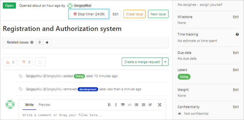 Locate timer button on a GitLab issue