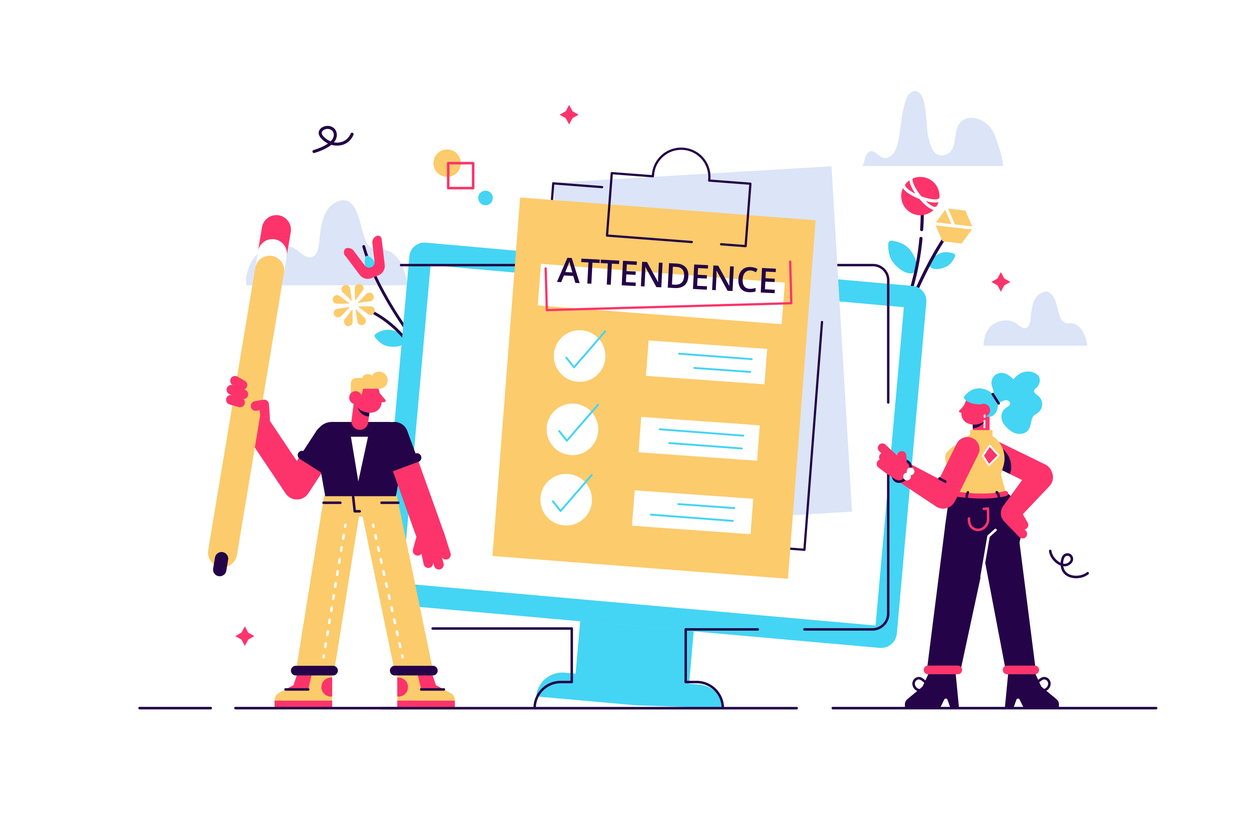 Illustration of two people standing beside a digital attendance checklist displayed on a large screen