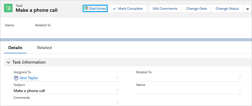 Find the timer button in a Salesforce task
