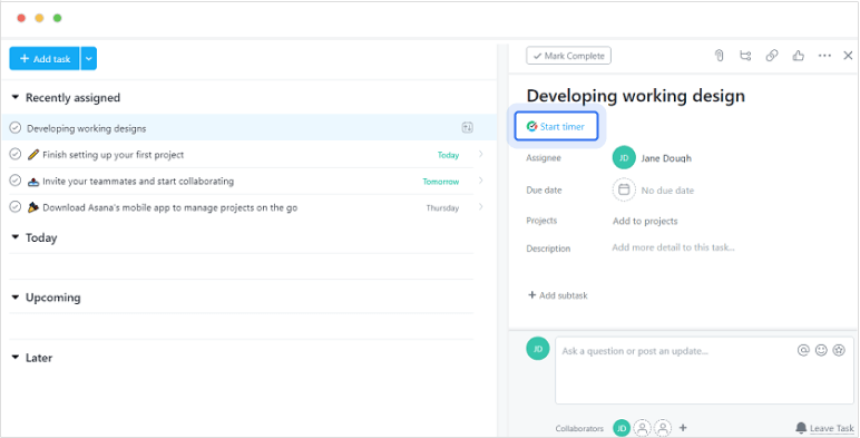 Locate timer button on an Asana task
