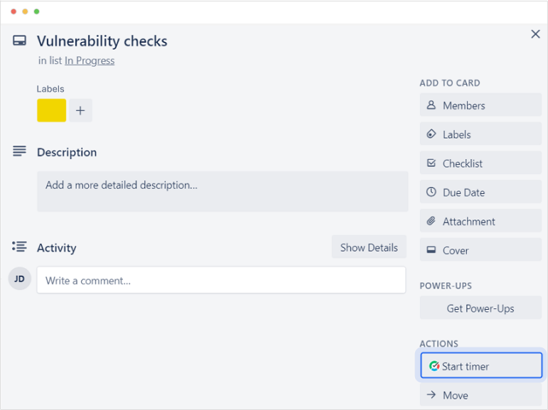 Find timer button on a Trello card