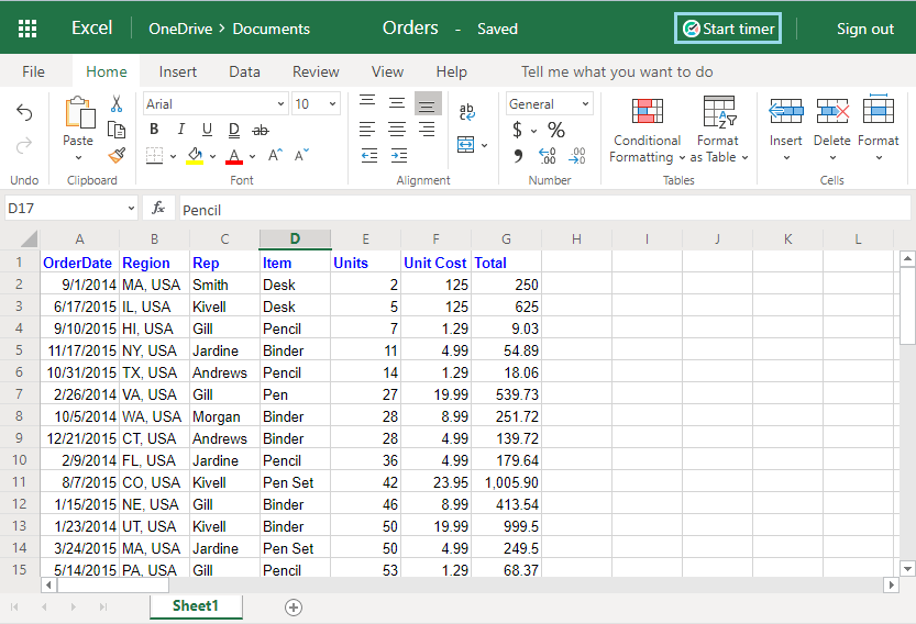 Tracking time in Excel Online