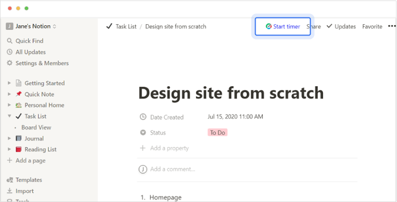 Locate timer button on a Notion task