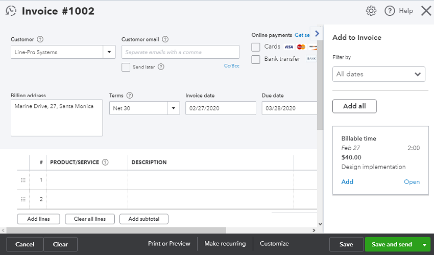 online invoicing feature within quickbooks online