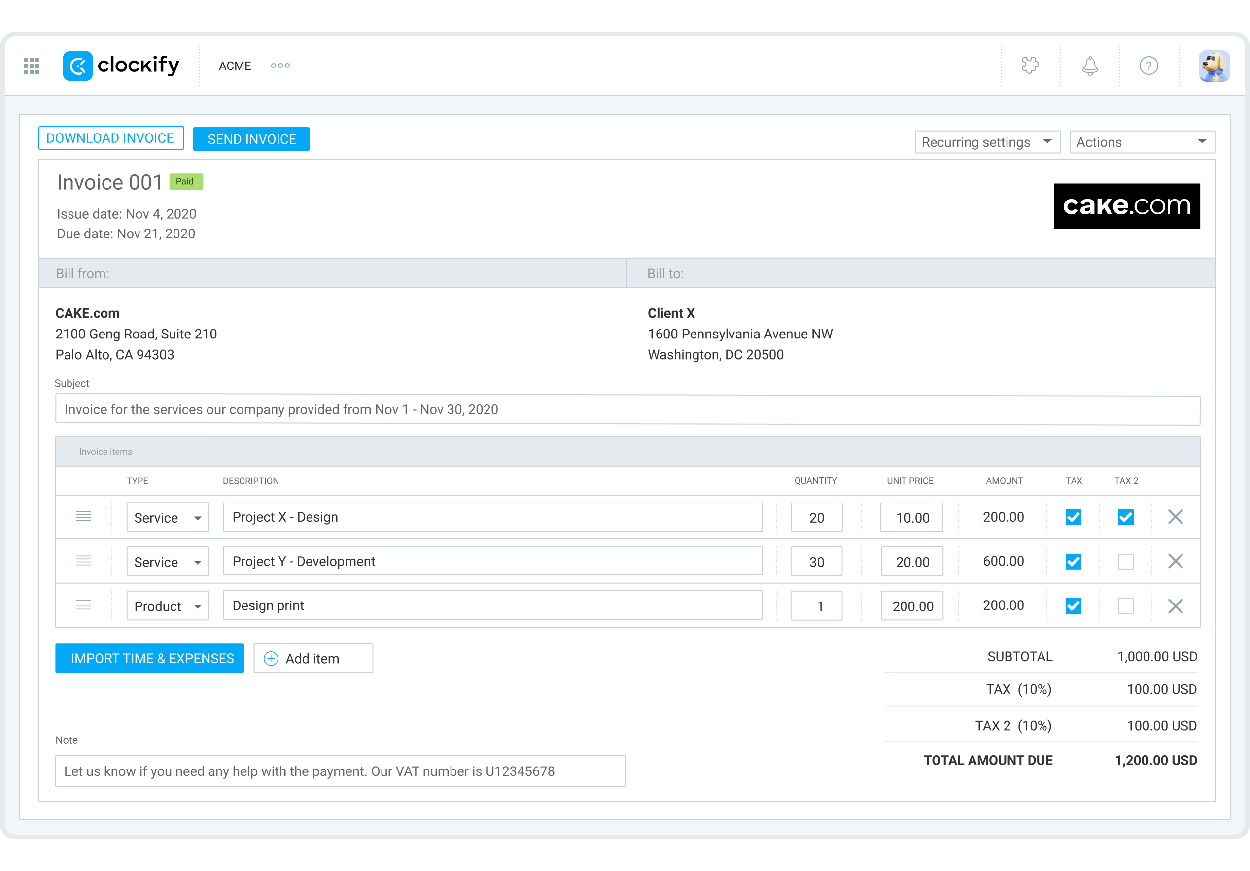 clockify invoice