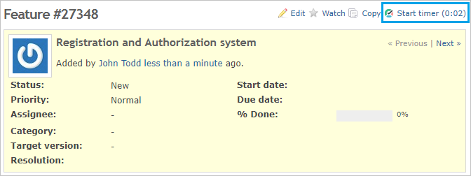 Locate timer button on a Redmine issue